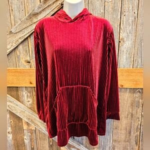 Lilypad Velour Red Burgandy Ribbed Hoodie Medium Shiny Soft Velvet EUC ^*